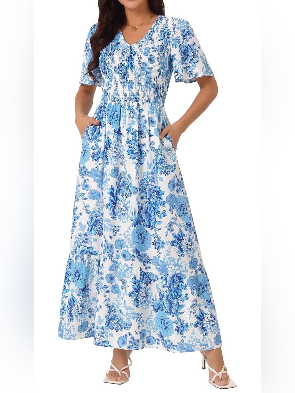 Women's Summer Dresses Floral Short Sleeve V Neck Smocked Flowy Maxi Dress